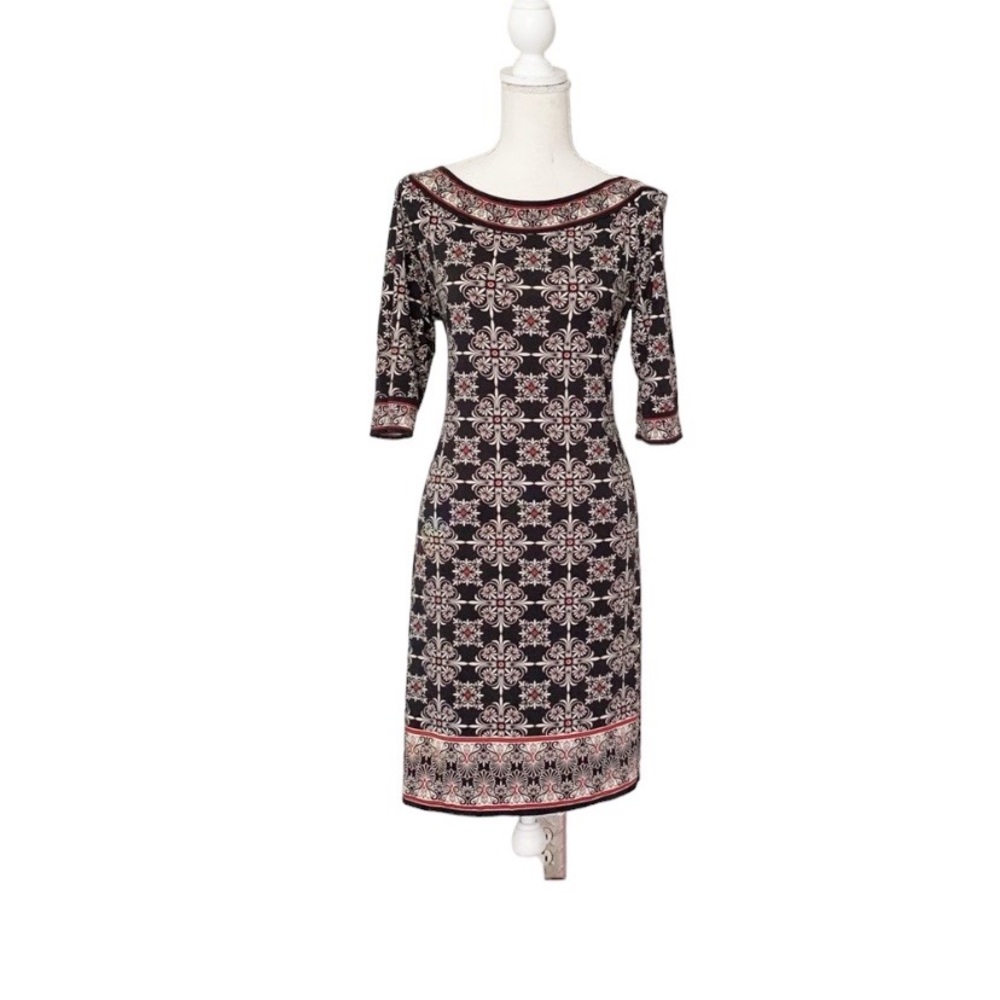 Studio M Red Black Cream Short Sleeve Dress Size Large